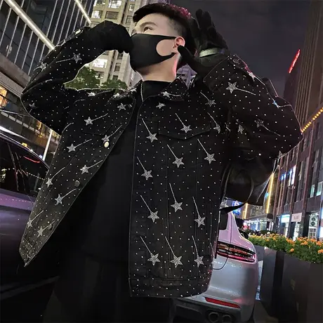 秋季美式复古水洗牛仔外套个性痞帅新款网红重工烫钻机车夹克上衣商品大图