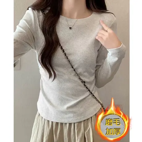 白花灰U领正肩长袖T恤女2024春季新款磨毛内搭圆领打底小衫上衣潮商品大图