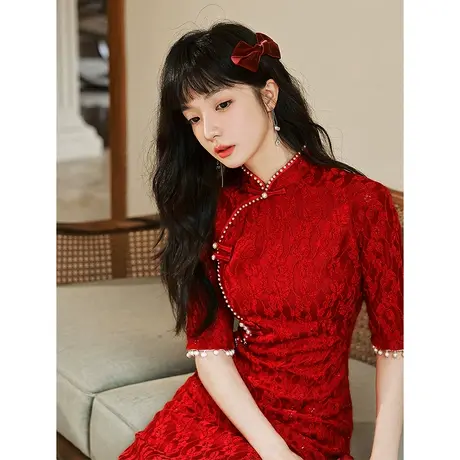 中式旗袍敬酒服新娘女夏季小个子2023新款订婚礼服连衣裙长袖秋季商品大图