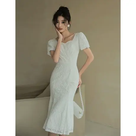 白色鱼尾法式小晚礼服连衣裙夏订婚名媛生日宴会气质轻奢小众高端商品大图