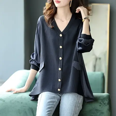 宝诗黎V领拼接针织开衫外套2024年早春新款长袖上衣宽松休闲女装商品大图