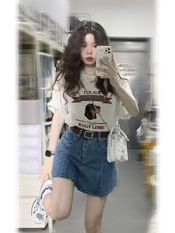 灰色纯棉短袖t恤女小个子夏季潮牌oversize美式复古宽松半袖上衣商品大图