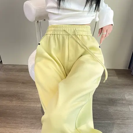 黄色窄版阔腿裤女2024春秋季新款高腰显瘦宽松抽绳香蕉裤休闲卫裤商品大图
