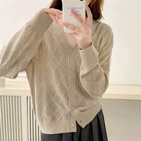 2024春季新款女V领针织衫毛衣菱形提花气质简约宽松百搭针织衫潮图片