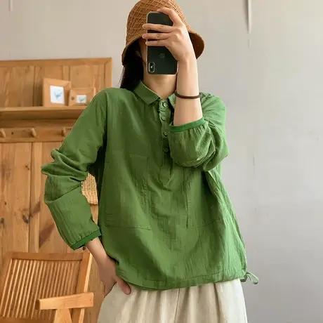 dza 复古翻领纯棉长袖衬衣女2024春新款宽松休闲上衣百搭短款衬衫图片