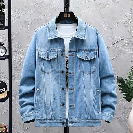 欧洲站牛仔外套男秋装新款简约翻领夹克青年宽松休闲水洗棉上衣服商品大图