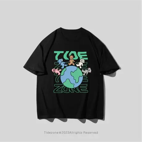 Ohlyah动物星球美式高街设计感短袖t恤男女纯棉大码宽松黑色体恤图片