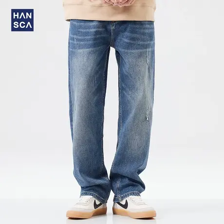 hansca美式破洞牛仔裤男秋冬青少年潮流复古宽松直筒休闲阔腿裤子商品大图