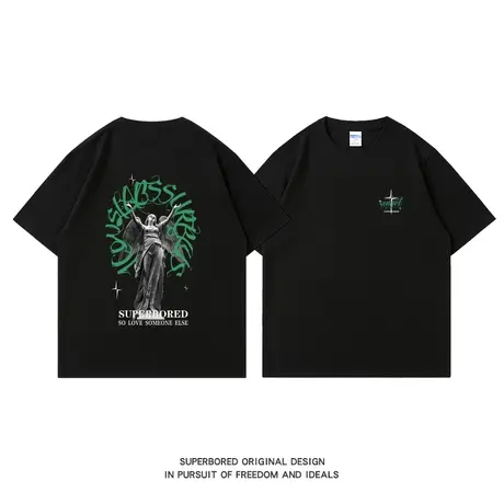 ins天使印花纯棉短袖T恤男女款情侣装夏季宽松休闲圆领半袖体恤衫图片