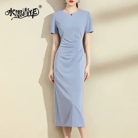 水墨青华2024夏装新品优雅修身一步裙百搭收腰显瘦时尚长款连衣裙图片