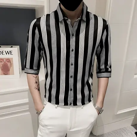 夏季高级感七分袖红色条纹衬衫短袖男士雅痞帅气韩版休闲中袖衬衣商品大图