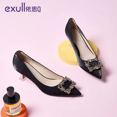 依思q气质水钻绸缎高跟鞋女细跟2023年新款黑色职业工作鞋中跟5CM商品大图