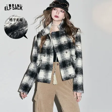 妖精的口袋格纹加厚外套女2023冬季新款学院风宽松短款休闲上衣商品大图