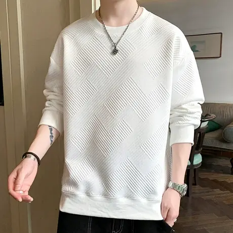 纹理感长袖t恤男春秋潮牌ins港风内搭白色圆领打底衫男士百搭卫衣商品大图