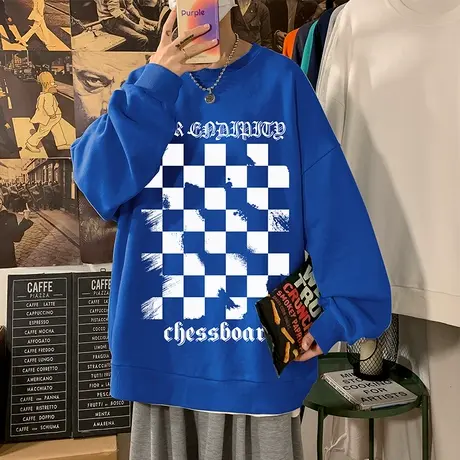 2023卫衣男秋季新款宽松象棋格子春秋装无帽港风打底衫潮牌上衣服商品大图