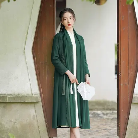 素飞唐装女中国风改良开衫外披长款针织墨绿色堆堆领禅意女装外套商品大图