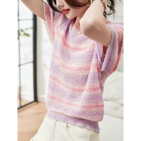 时尚短袖针织衫2023年夏季新款淑女温柔圆领宽松显瘦通勤百搭上衣商品大图