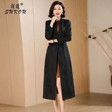 简约黑色高档提花风衣女中长款2023秋天新款气质中年妈妈大衣外套商品大图