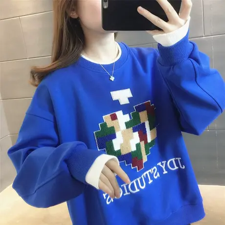 圆领撞色假两件卫衣秋季新款宽松2023年秋宽松长袖字母爱心减龄女商品大图