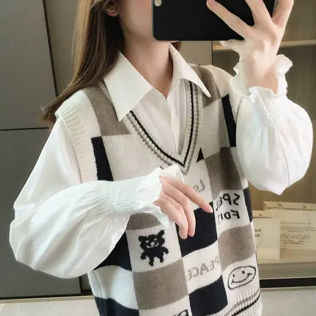 宽松V领背心马甲女士针织衫2023秋装新款毛衣马夹学院风无袖上衣图片
