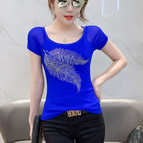 时尚烫钻T恤女短袖夏装设计感洋气网纱上衣弹力显瘦半袖小衫女潮图片
