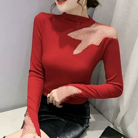 加绒加厚打底衫女秋冬洋气网红性感镂空T恤长袖内搭半高领上衣潮图片