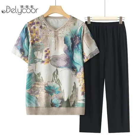 妈妈夏装冰丝套装洋气时尚中老年人女装夏天衣服奶奶短袖T恤上衣图片