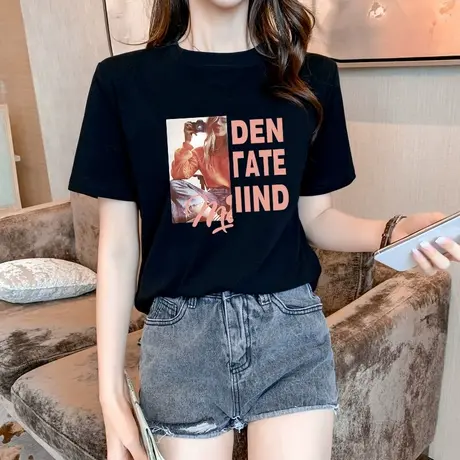 纯棉短袖t恤女2023年夏季新款ins潮宽松韩版正肩体恤字母印花上衣商品大图