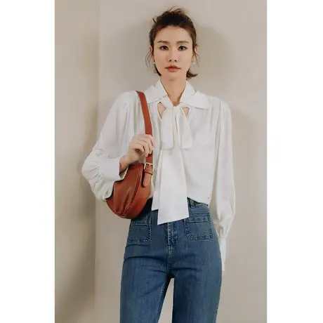 弥古白色蝴蝶结衬衣女2023新款秋季泡泡袖衬衫设计感小众法式上衣商品大图