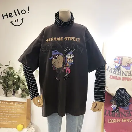 2020春冬新款韩国东大门cec卡通半高领加厚假两件套T恤打底衫大码图片