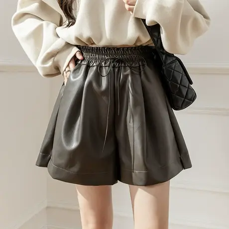 松紧腰皮短裤女秋冬季2022新款咖色高腰休闲显瘦阔腿靴裤子柔软图片