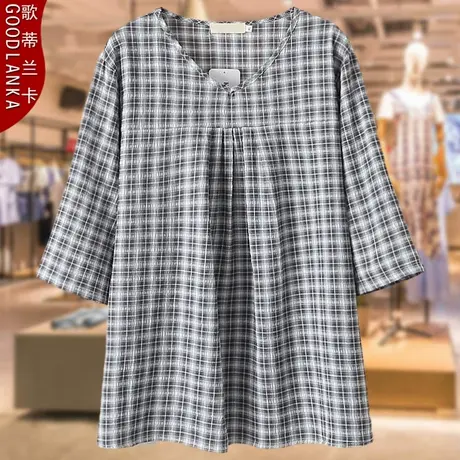 妈妈装夏季五分袖格子上衣薄款中年大码女装洋气小衫V领中长款T恤商品大图