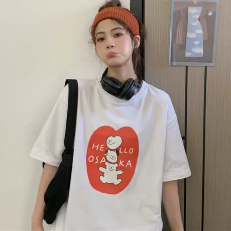 欧货大版ins短袖t恤女2021新款宽松韩版纯棉半袖洋气减龄上衣服潮图片