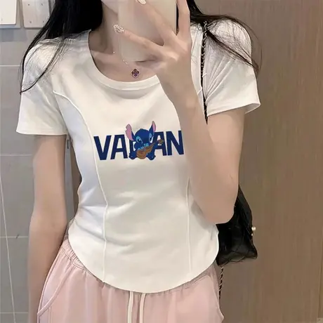 夏季女士不规则短袖正肩t恤2023新款小个子紧身短款洋气卡腰上衣图片