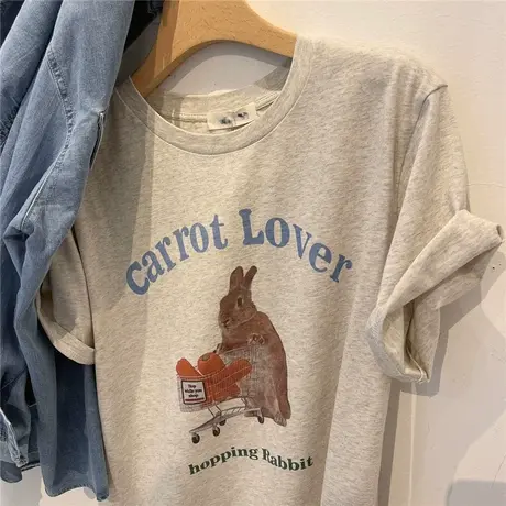 复古色系 卡通印花圆领套头短袖T恤女2022春装新款宽松内搭打底衫商品大图