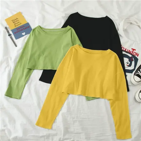 韩版长袖t恤女夏季ins潮欧美辣妹穿搭设计感小众高腰露脐短款上衣商品大图