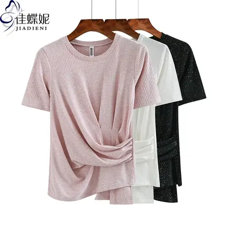 夏季圆领显瘦简约亮片闪闪短袖上衣女装T恤打结打底衫小众个性高图片