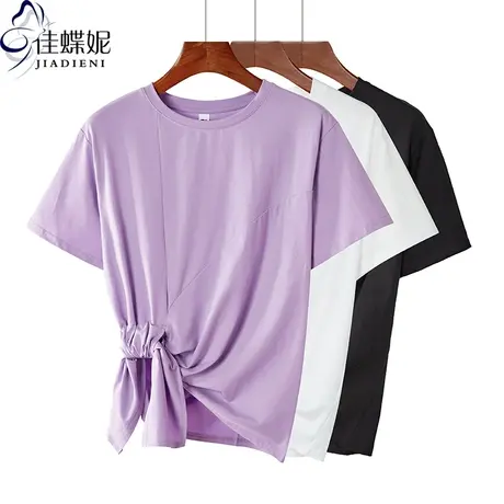 夏季新款韩版圆领宽松中长款绑带纯白纯色短袖体恤上衣内搭女打底商品大图