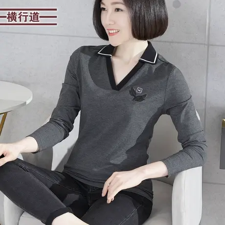 翻领绣花休闲长袖T恤女装纯色小V领宽松打底衫大码外穿刺绣2023新商品大图