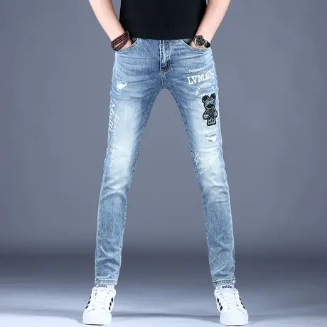 2023新款印花牛仔裤男款刺绣修身小脚浅蓝破洞裤子男潮牌百搭休闲图片