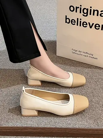 春夏季时尚2023新款拼色方头浅口粗跟低跟软皮软底秋款百搭女单鞋商品大图