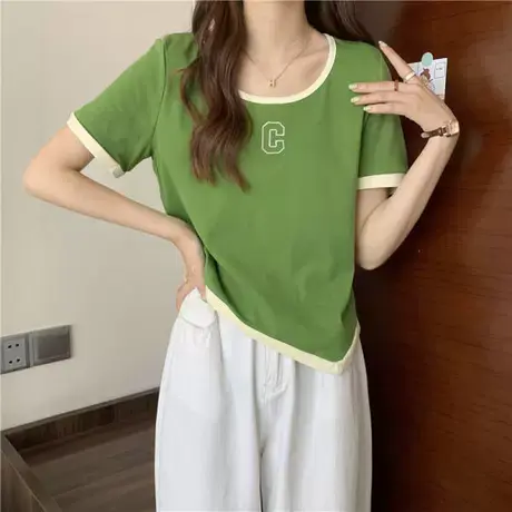 大码胖mm短袖正肩t恤女装夏季新款法式小众不规则短款上衣潮200斤商品大图