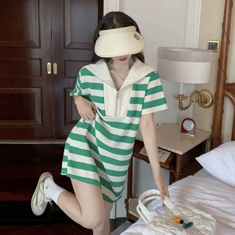 夏装胖mm大码条纹短袖T恤裙女洋气遮肚韩版设计感中长款上衣200斤商品大图