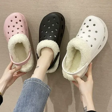 厚底两穿毛毛拖鞋女外穿秋冬新款室内居家防滑加绒保暖洞洞棉拖鞋图片