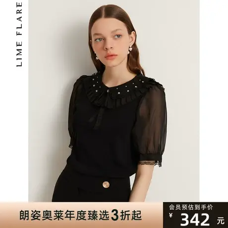 莱茵商场同款复古甜美泡泡袖衬衫夏季新款短袖套头蕾丝衫女图片