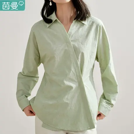 茵曼法式复古长袖衬衫女2024年春季新款设计感v领显瘦白衬衣上衣商品大图
