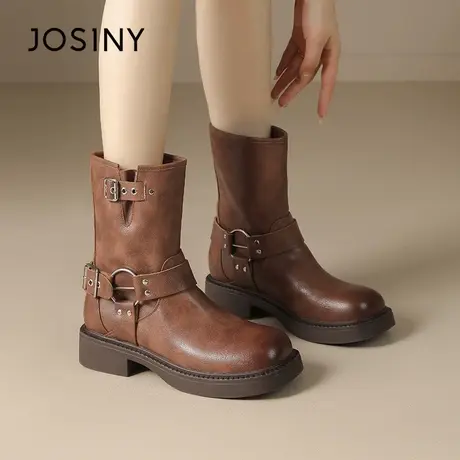 Josiny/卓诗尼短筒靴女2023秋季新款炸街金属潮酷骑士靴厚底女靴商品大图