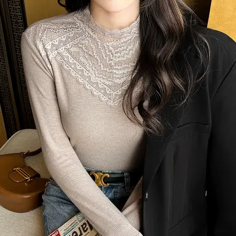 2023新款蕾丝打底衫女冬高级感洋气内搭春装黑色外穿t恤薄绒上衣商品大图