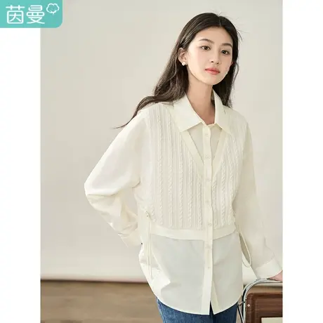 【商场同款】茵曼拼接衬衣2023秋季女装新款翻领长袖绑带宽松上衣图片