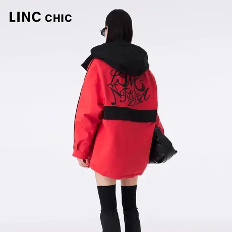 LINCCHIC金羽杰派克服2023年秋冬新品立领连帽直筒中长款羽绒服女商品大图